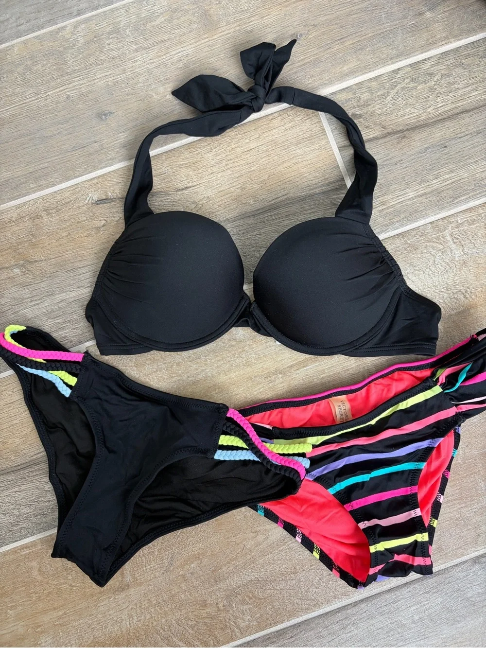 Victoria's Secret Black Bikini Top with 2 Black & Neon-Striped Bottoms
